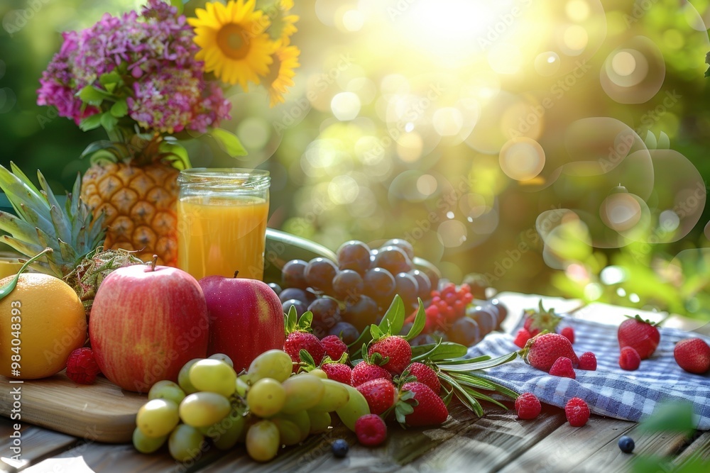 A vibrant arrangement of fresh fruits and juice, showcasing nature's bounty. A vibrant arrangement of fresh fruits and juice, showcasing nature's bounty.