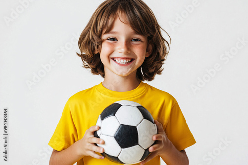 joyful young boy with a bright smile holding a soccer ball dressed in a yellow shirt against a plain background photo