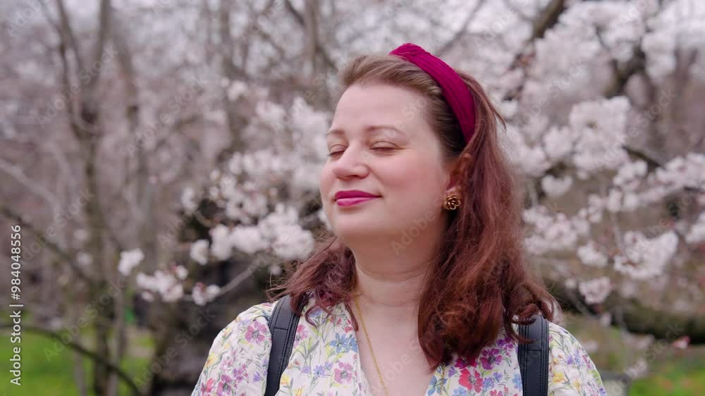 Happy Woman Admiring The Beauty Of Sakura Trees At Kyoto Botanical Garden In Japan. - closeup shot Happy Woman Admiring The Beauty Of Sakura Trees At Kyoto Botanical Garden In Japan. - closeup shot