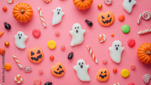 A festive Halloween display with ghosts, pumpkins, and colorful candies on a pink backdrop