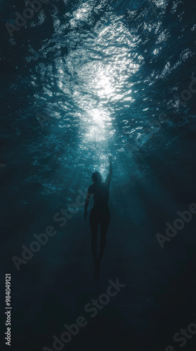 person submerged underwater, silhouetted in the dark ocean, reaching upward toward the light breaking through the surface. Sun rays penetrate the water, creating a dramatic and serene scene