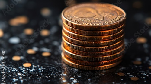 Stacked coins on a dark surface with scattered dots.