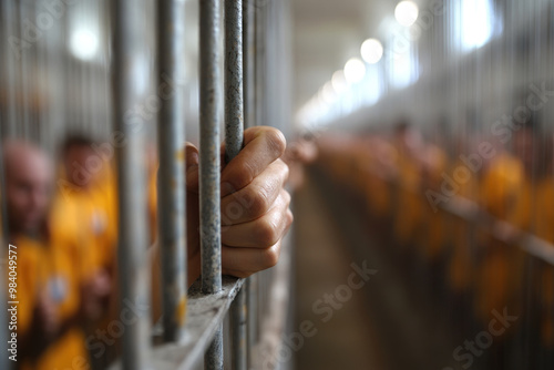 A crowded prison cell depicts harsh reality of overpopulation and criminal life. image captures hand gripping bars, symbolizing confinement and despair photo