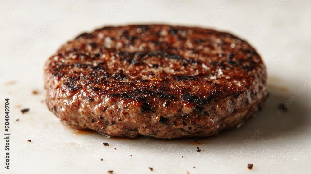 A cooked hamburger patty on a white surface. A cooked hamburger patty on a white surface.