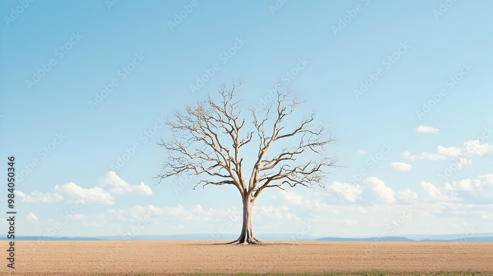 Weathered and Solitary Tree Stands Tall in Vast Empty Field Weathered and Solitary Tree Stands Tall in Vast Empty Field