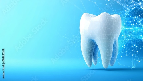 3D low-poly tooth model made of lines and dots on white background