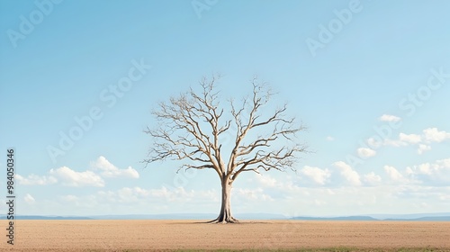 Weathered and Solitary Tree Stands Tall in Vast Empty Field