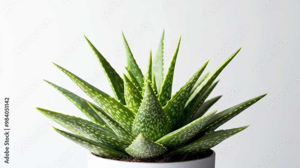 Fototapeta premium A green aloe vera plant is shown against a plain white backdrop.