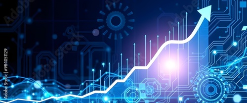 A modern digital landscape where business and technology meet, with a graph showing a rising trend alongside abstract tech elements like circuits and gears.