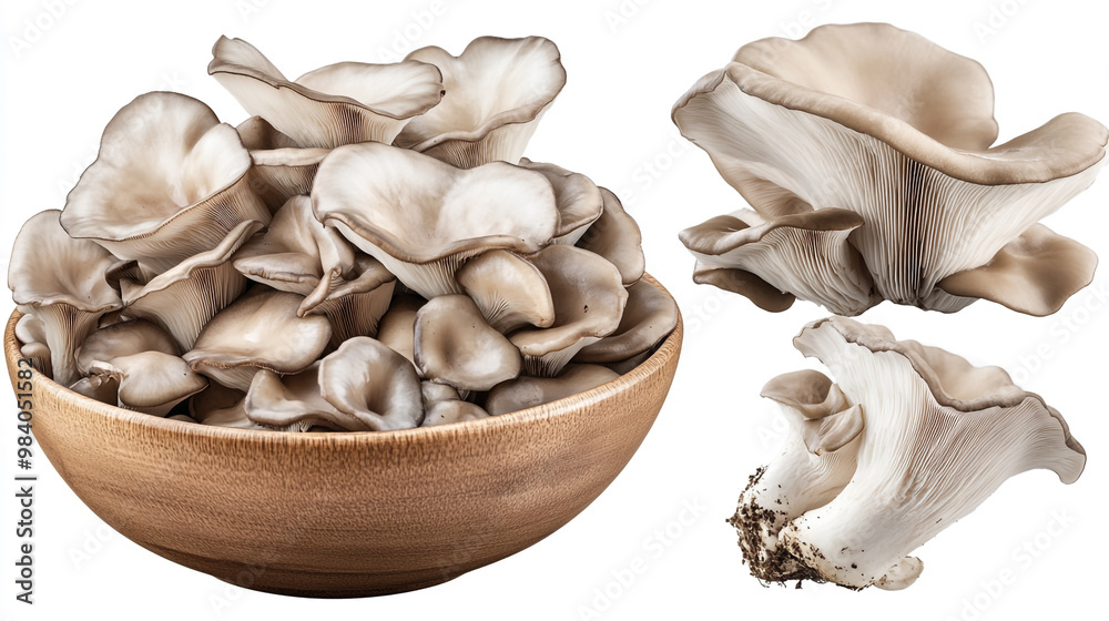 Freshly harvested oyster mushrooms in a wooden bowl, showcasing their delicate form and texture Freshly harvested oyster mushrooms in a wooden bowl, showcasing their delicate form and texture