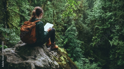 Person journaling on a rock in a lush forest, embodying nature therapy, outdoor meditation, and forest wellness.