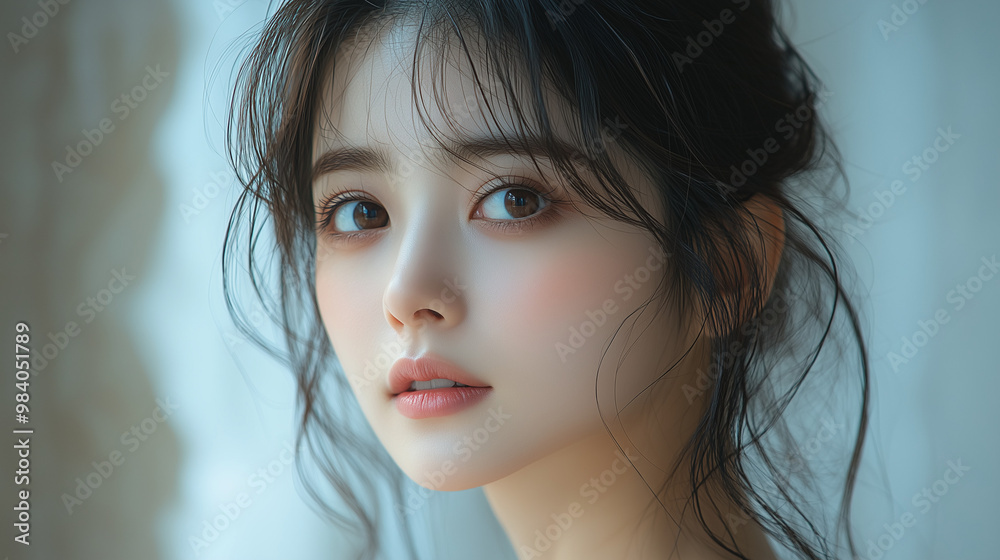 A young Korean woman with delicate features and soft lighting gazes thoughtfully while standing by a window in a serene setting A young Korean woman with delicate features and soft lighting gazes thoughtfully while standing by a window in a serene setting