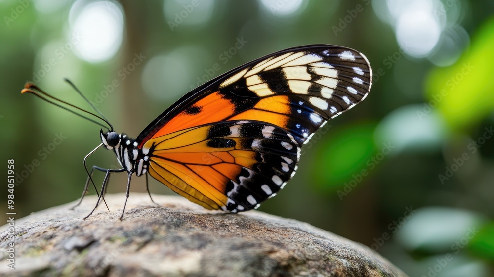 Fototapeta premium A vibrant butterfly with orange and black patterns rests on a stone, surrounded by lush greenery, showcasing its delicate beauty and natural habitat.