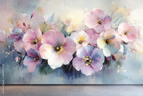 A large-scale abstract floral mural in soft pastel shades, blending seamlessly into the surrounding wall