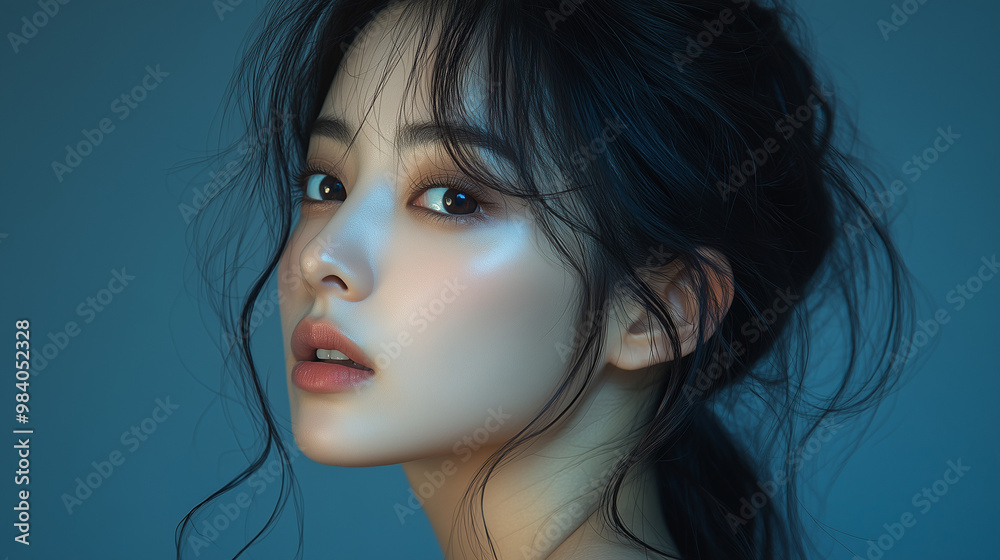 Elegant portrait of a Korean woman with soft lighting, displaying a serene expression and styled hair against a smooth blue backdrop Elegant portrait of a Korean woman with soft lighting, displaying a serene expression and styled hair against a smooth blue backdrop