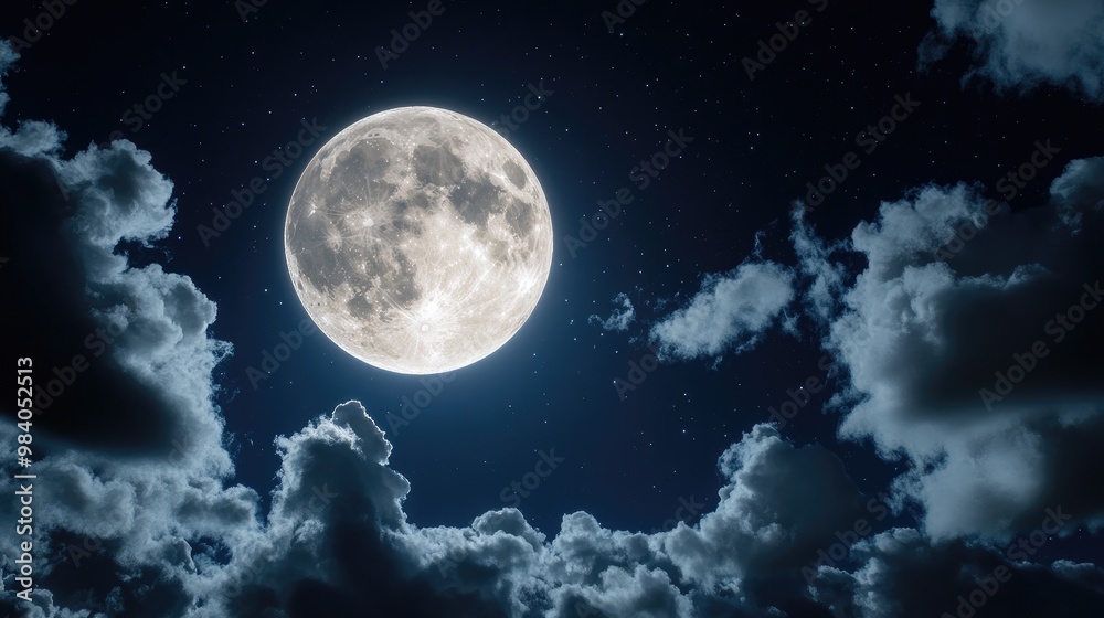 A bright full moon illuminates a night sky, surrounded by wispy clouds, creating a serene and enchanting atmosphere. A bright full moon illuminates a night sky, surrounded by wispy clouds, creating a serene and enchanting atmosphere.