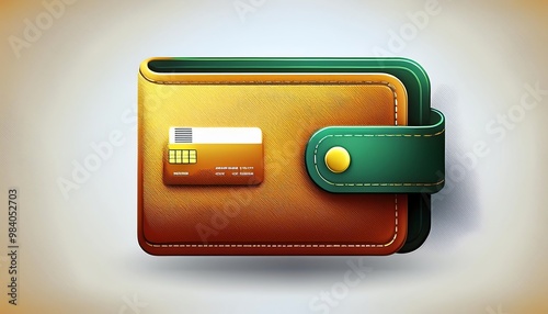 A stylized illustration of a wallet featuring a credit card, designed in warm colors with a textured surface and a green strap.