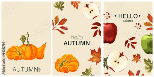 Hello Autumn banner with Happy Autumn lettering and autumn leaves, pumpkin and apples. Autumn leaves on the background. Vector illustration. Web banner, advertising poster, marketing.