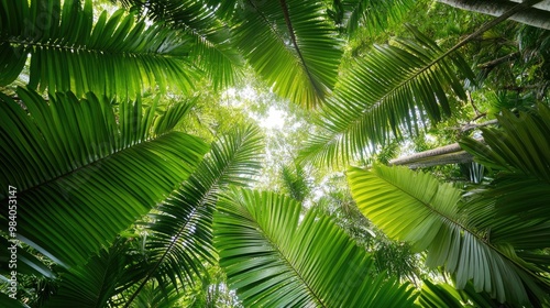 Lush green palm leaves create a vibrant canopy, filtering sunlight and inviting a sense of tranquility and connection to nature.