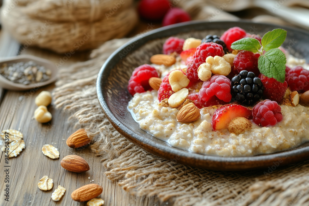 Wholegrain fresh oatmeal porridge on plate with fruits, berries and nuts Wholegrain fresh oatmeal porridge on plate with fruits, berries and nuts