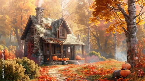 A cozy rural house with a chimney, surrounded by trees with autumn foliage, pumpkins on the porch, and a light mist in the air