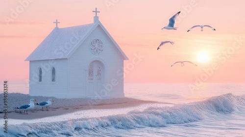 A serene off-white painted seaside chapel at sunrise, with waves gently lapping at the shore and seagulls soaring in the pink sky