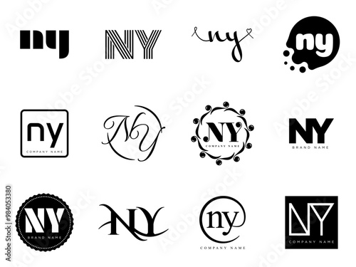 NY logo company template. Letter n and y logotype. Set different classic serif lettering and modern bold text with design elements. Initial font typography.