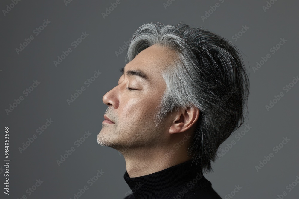 Photo of a mature, handsome Japanese man with gray hair, eyes closed in profile view on a gray background, with side lighting.generated ai Photo of a mature, handsome Japanese man with gray hair, eyes closed in profile view on a gray background, with side lighting.generated ai