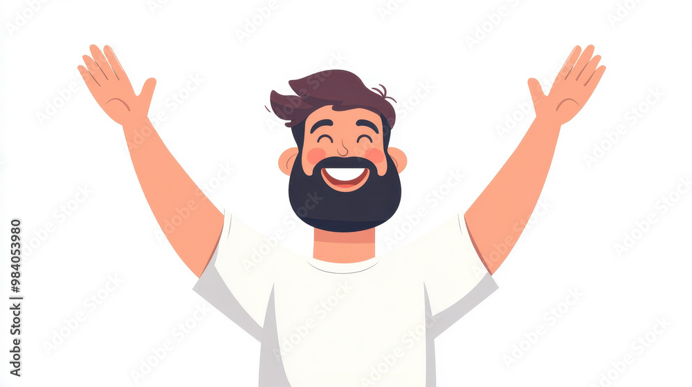 A cheerful man with a beard beams with joy in a vibrant flat illustration, set against a clean white backdrop. His smile radiates warmth. A cheerful man with a beard beams with joy in a vibrant flat illustration, set against a clean white backdrop. His smile radiates warmth.
