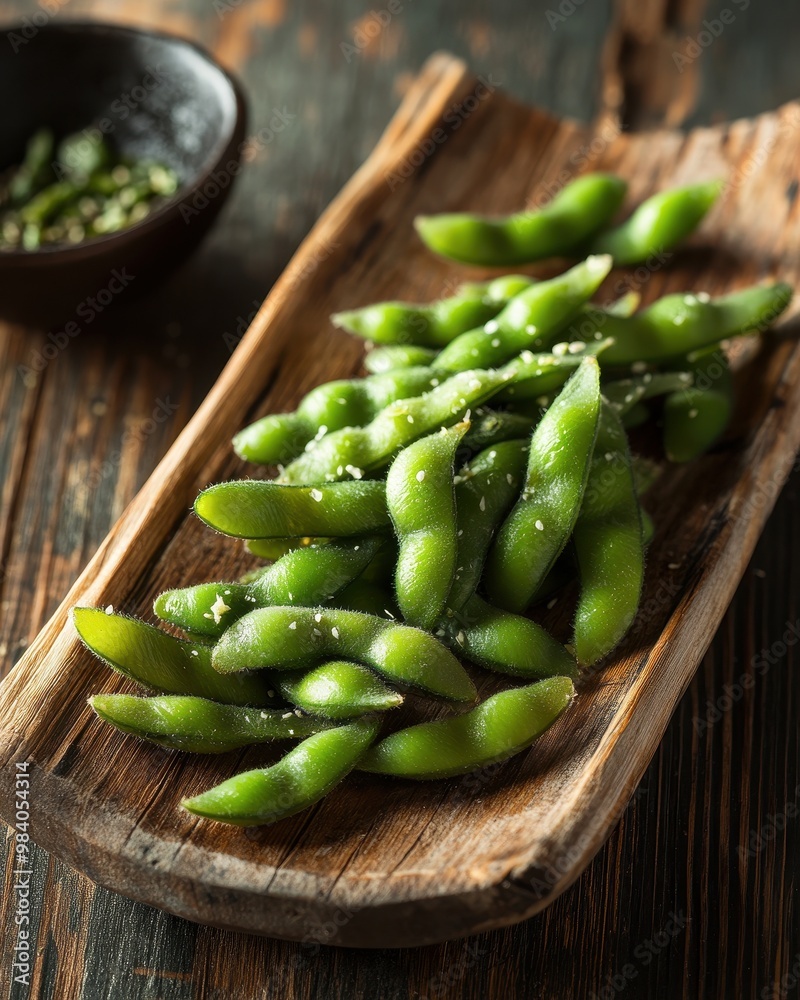 A wooden platter holds fresh, steamed edamame sprinkled with salt. A wooden platter holds fresh, steamed edamame sprinkled with salt.