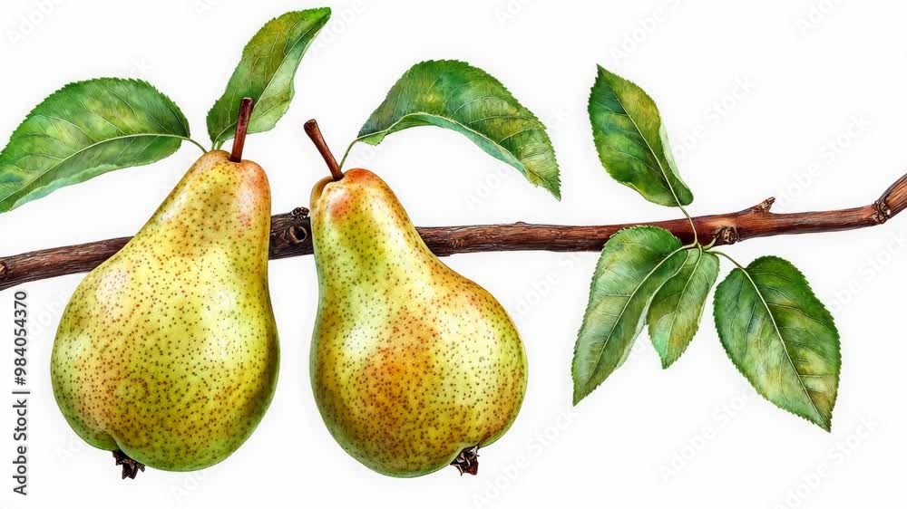 Detailed illustration of ripe pears hanging from a branch with green leaves in a natural setting during daylight hours Detailed illustration of ripe pears hanging from a branch with green leaves in a natural setting during daylight hours