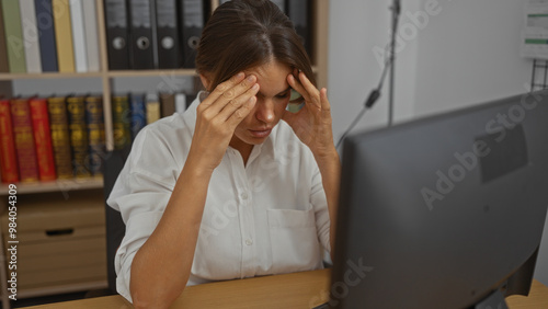 Wallpaper Mural Hispanic woman stressed at workplace while working on computer in office with bookshelf in background Torontodigital.ca