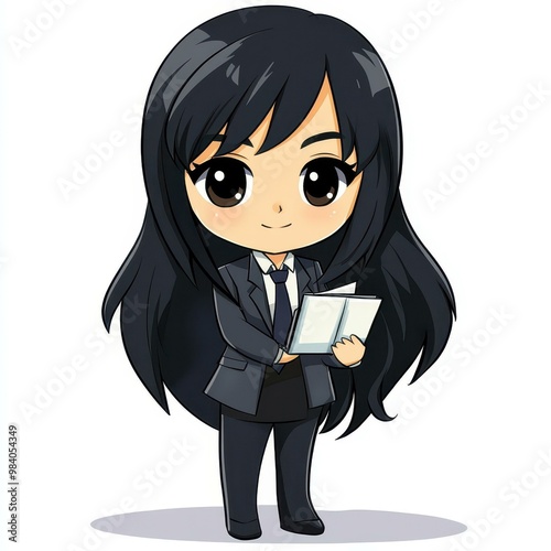 A cute chibi office lady in a fun Korean webtoon style, ready to start her day amidst a minimalist backdrop photo