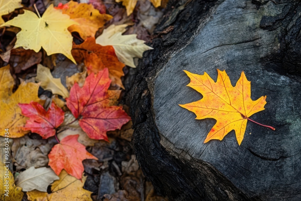 A bright yellow maple leaf lies on the surface of a dark tree. A bright yellow maple leaf lies on the surface of a dark tree.