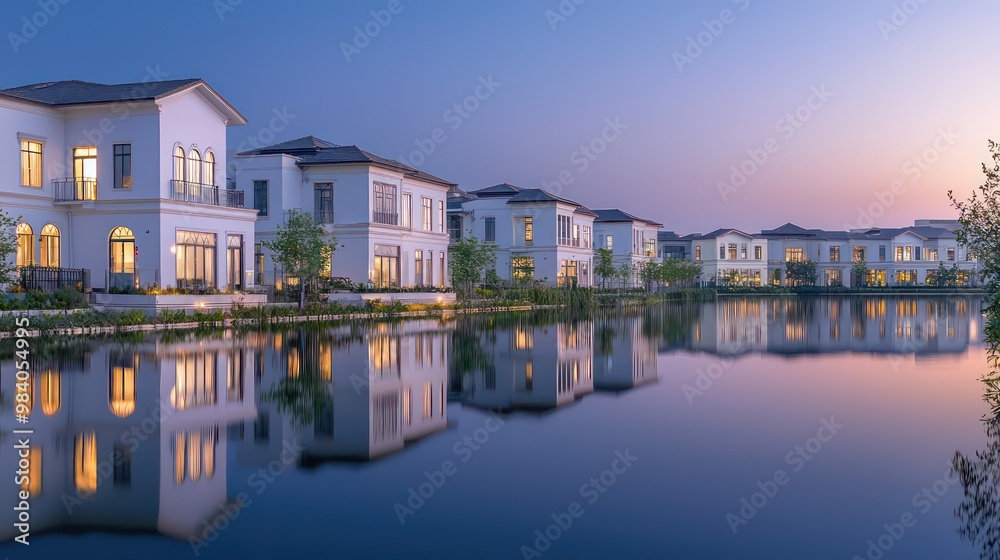 Naklejka premium A serene riverside scene with a row of off-white painted townhouses, their reflections mirroring in the still water at dusk