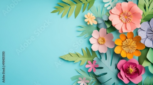 Fototapeta Naklejka Na Ścianę i Meble -  Top view of paper cut flowers in vibrant colors with green leaves laid out on a pastel blue background with copy space