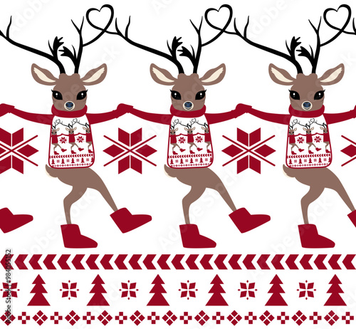 Reindeer in reindeer sweaters dance and their antlers are woven together to form a heart. Vector seamless pattern in Scandinavian style in red and white colors.