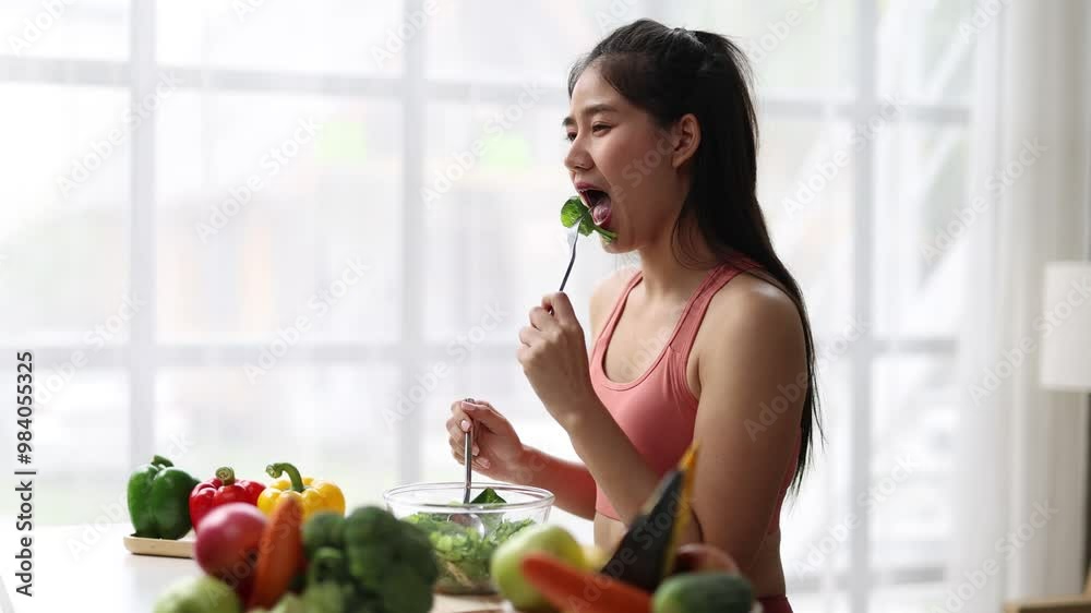 Beautiful healthy Asian woman happily eating delicious vegetable salad at home. Beautiful sport girl in sportswear enjoy eat clean vegetables after exercise for health in house. Diet and Healthy food. Beautiful healthy Asian woman happily eating delicious vegetable salad at home. Beautiful sport girl in sportswear enjoy eat clean vegetables after exercise for health in house. Diet and Healthy food.