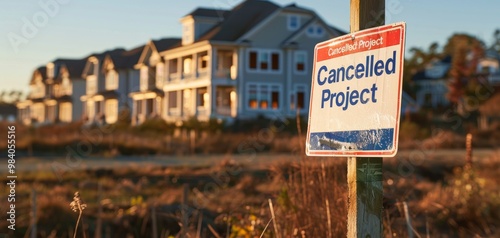 Sign indicating cancelled project in front of unfinished houses under golden hour light.