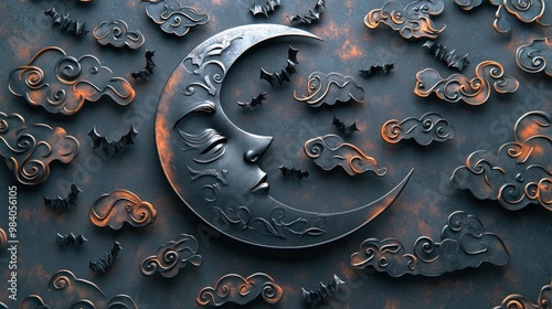 A Halloween-themed metal art piece depicting a crescent moon with a face, surrounded by swirling clouds and flying bats, all cut from blackened steel for a gothic appearance. photo