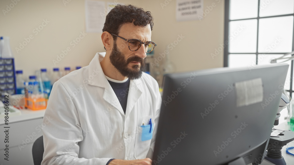 A mature man with a beard wearing glasses and a lab coat analyzes data on a computer in a research laboratory. A mature man with a beard wearing glasses and a lab coat analyzes data on a computer in a research laboratory.