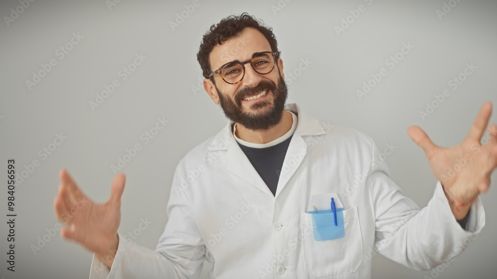 A smiling bearded man in a white lab coat gesturing against an isolated grey background A smiling bearded man in a white lab coat gesturing against an isolated grey background