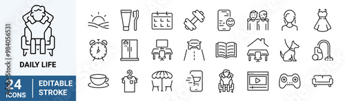 Daily life web line icons. Daily routine, home, work, children, entertainment, food and cooking, car, shopping, clothes. Editable Stroke