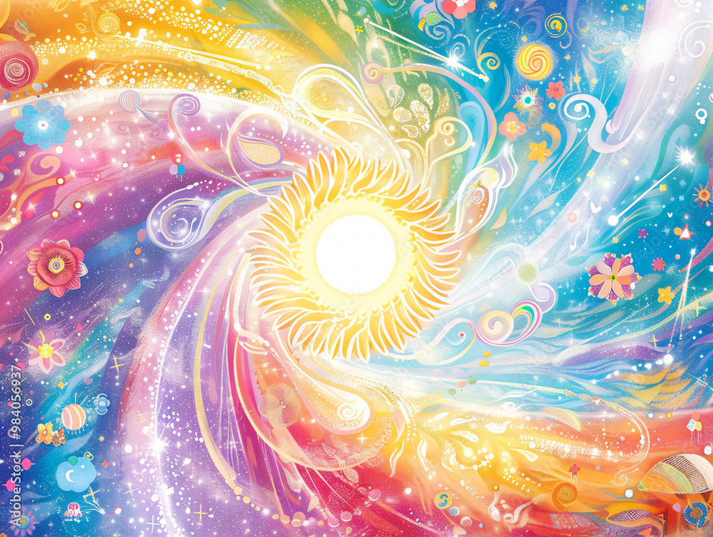 A galaxy vortex with a giant white sun at its center, colorful swirling light radiating outward. Surrounding the scene is a rainbow circle filled with mysterious patterns. A galaxy vortex with a giant white sun at its center, colorful swirling light radiating outward. Surrounding the scene is a rainbow circle filled with mysterious patterns.