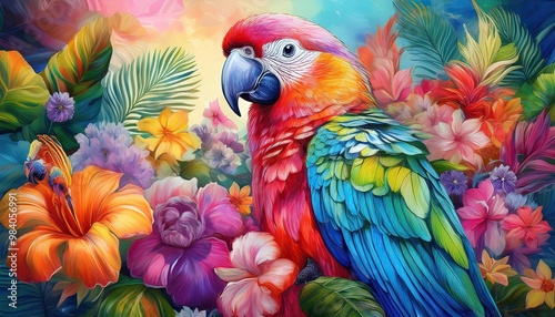 blue and yellow macaw, Pastel painting, parrot, among colorful tropical flowers, pastel painting technique, pastel texture, light blending, intricate details, soft