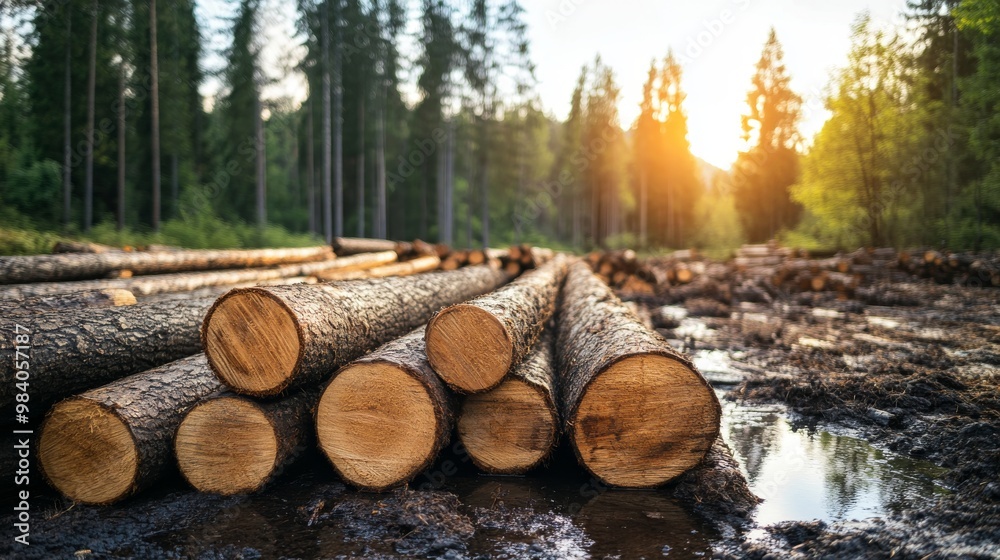The logging industry uses wood from forests. They pile up logs, especially spruce logs. They also saw trees into planks. The logging industry uses wood from forests. They pile up logs, especially spruce logs. They also saw trees into planks.