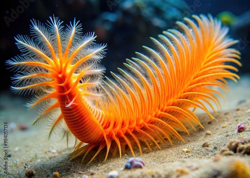 A bright orange spoon worm with feathery plumes and a long, slender body burrows into the ocean floor, surrounded by soft, white sediment. photo