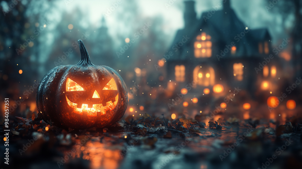 Jack o' lantern pumpkin and ghost with Halloween spooky village background. Jack o' lantern pumpkin and ghost with Halloween spooky village background.