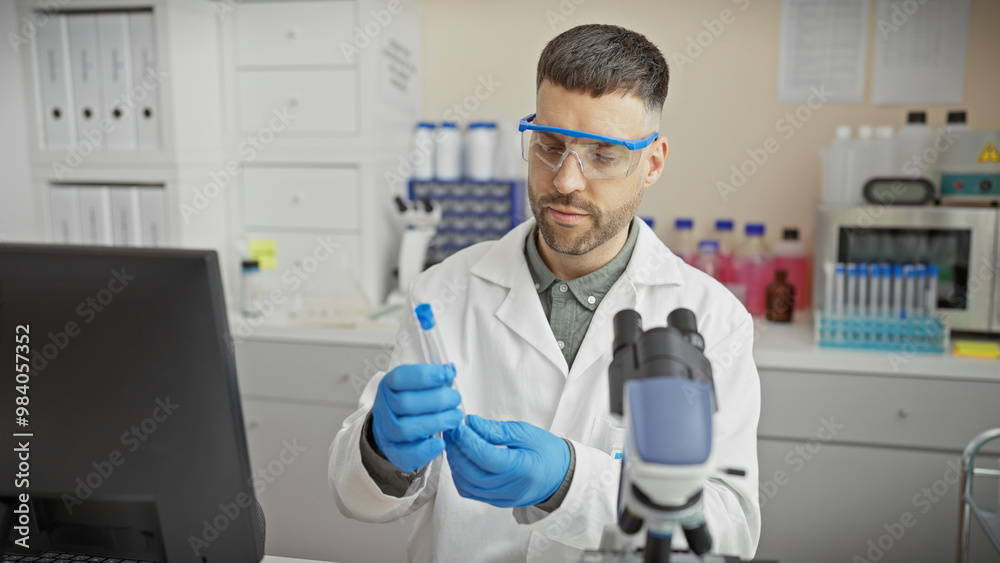 Hispanic man scientist analyzing sample in laboratory wearing lab coat, goggles, and gloves. Hispanic man scientist analyzing sample in laboratory wearing lab coat, goggles, and gloves.
