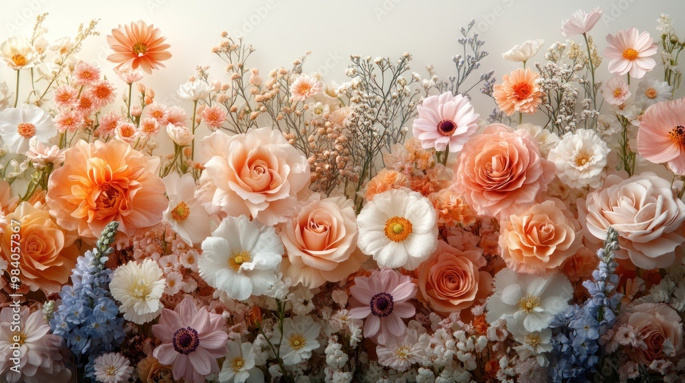 A vibrant arrangement of various colorful flowers in bloom. A vibrant arrangement of various colorful flowers in bloom.